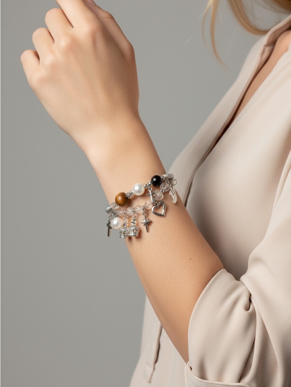 9/25 Silver Charm Beaded Bracelet - Brown Pearl Accent
